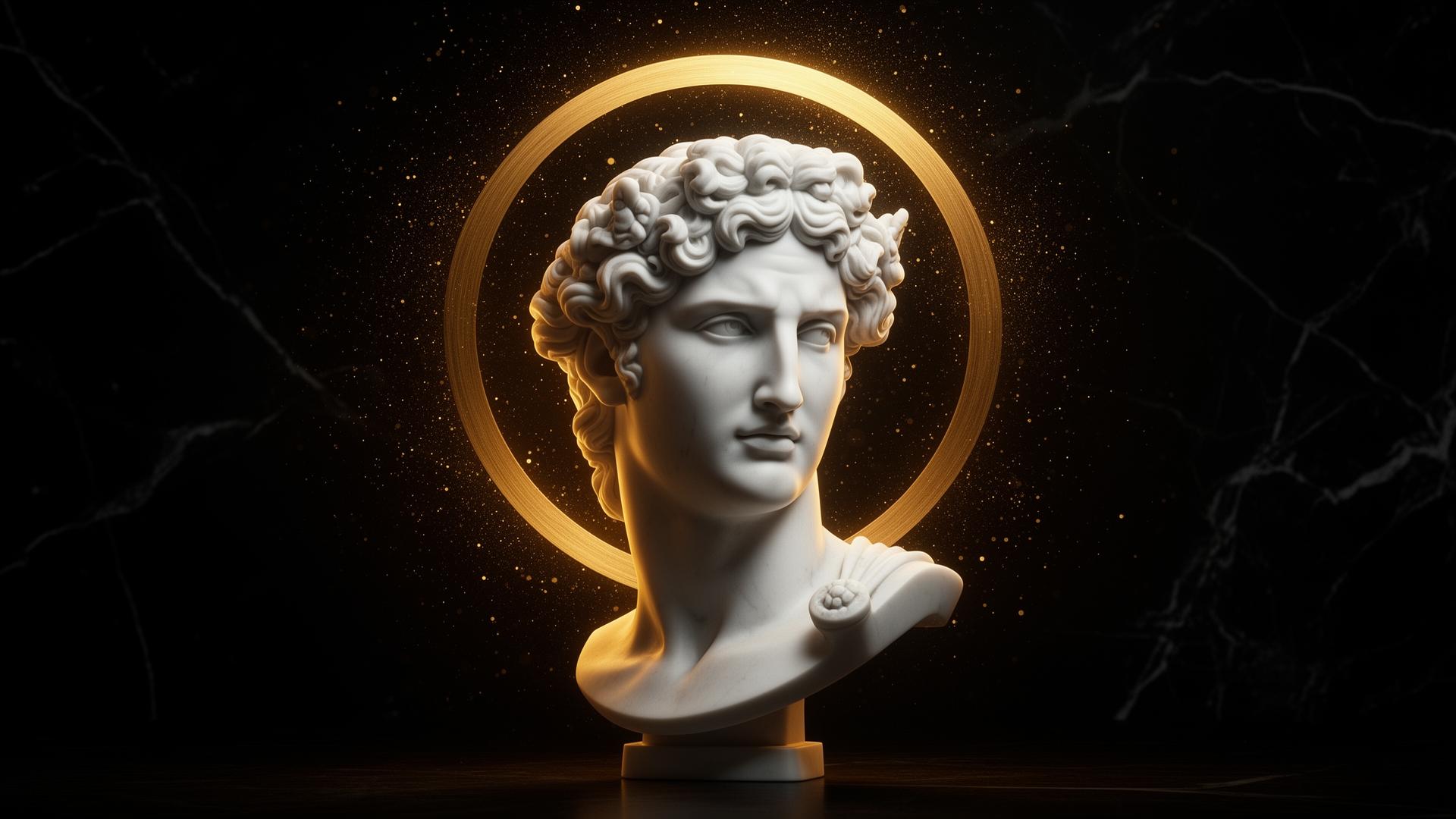 Marble bust of an Ancient Greek god with a golden halo